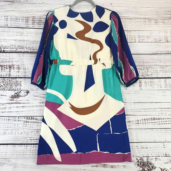 Yumi Kim Multicolor Abstract 100% Silk Dress S Plunge VNeck 3/4 Sleeve Geo Print - Picture 2 of 15
